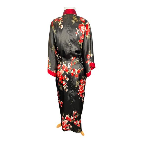 Jones New York Floral Satin Kimono Robe Black Red L/XL Belted Long Sleeve Silky - Picture 2 of 16